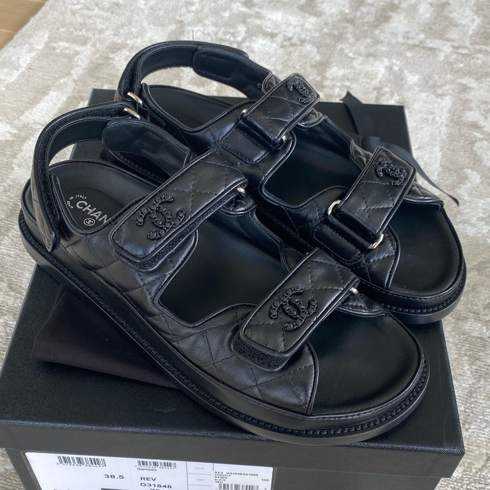 Chanel black leather Dad sandal New in box 38.5